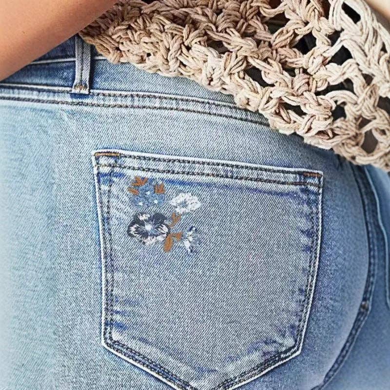 Women's Mid-Rise Straight Leg Jeans with Embroidered Cuffs