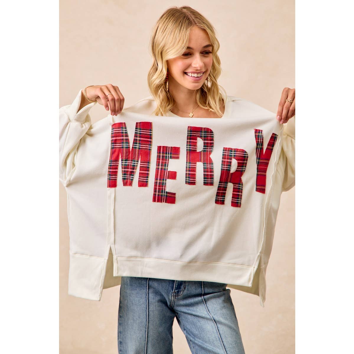 CHRISTMAS PLAID MERRY LETTERING FLEECE SWEATSHIRT