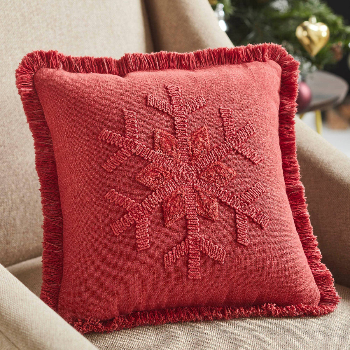 Christmas Red Snowflake Fringed Throw Pillow 12x12