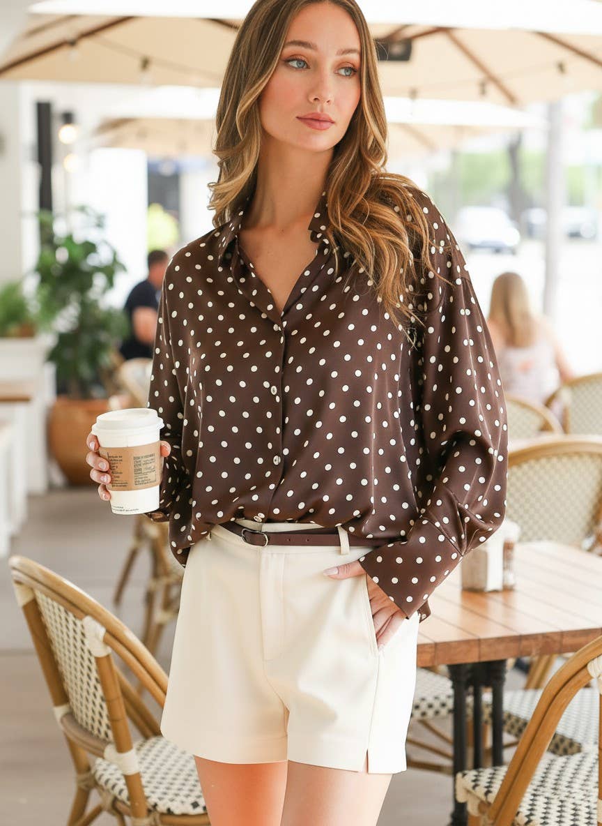 Polka Dot Collared Long-Sleeve Satin Blouse Top VT81294B