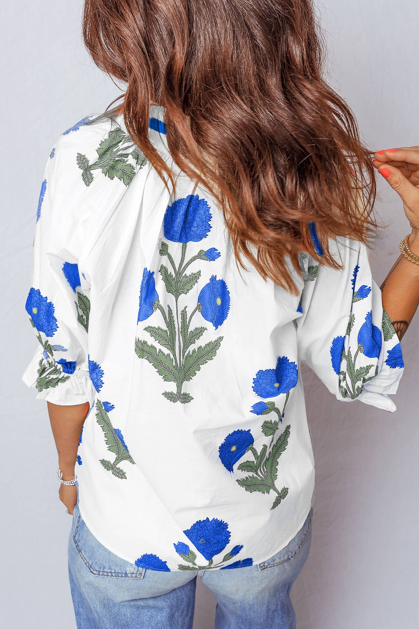 Summer Wild Flower Print V Neck 3/4 Sleeve Blouse