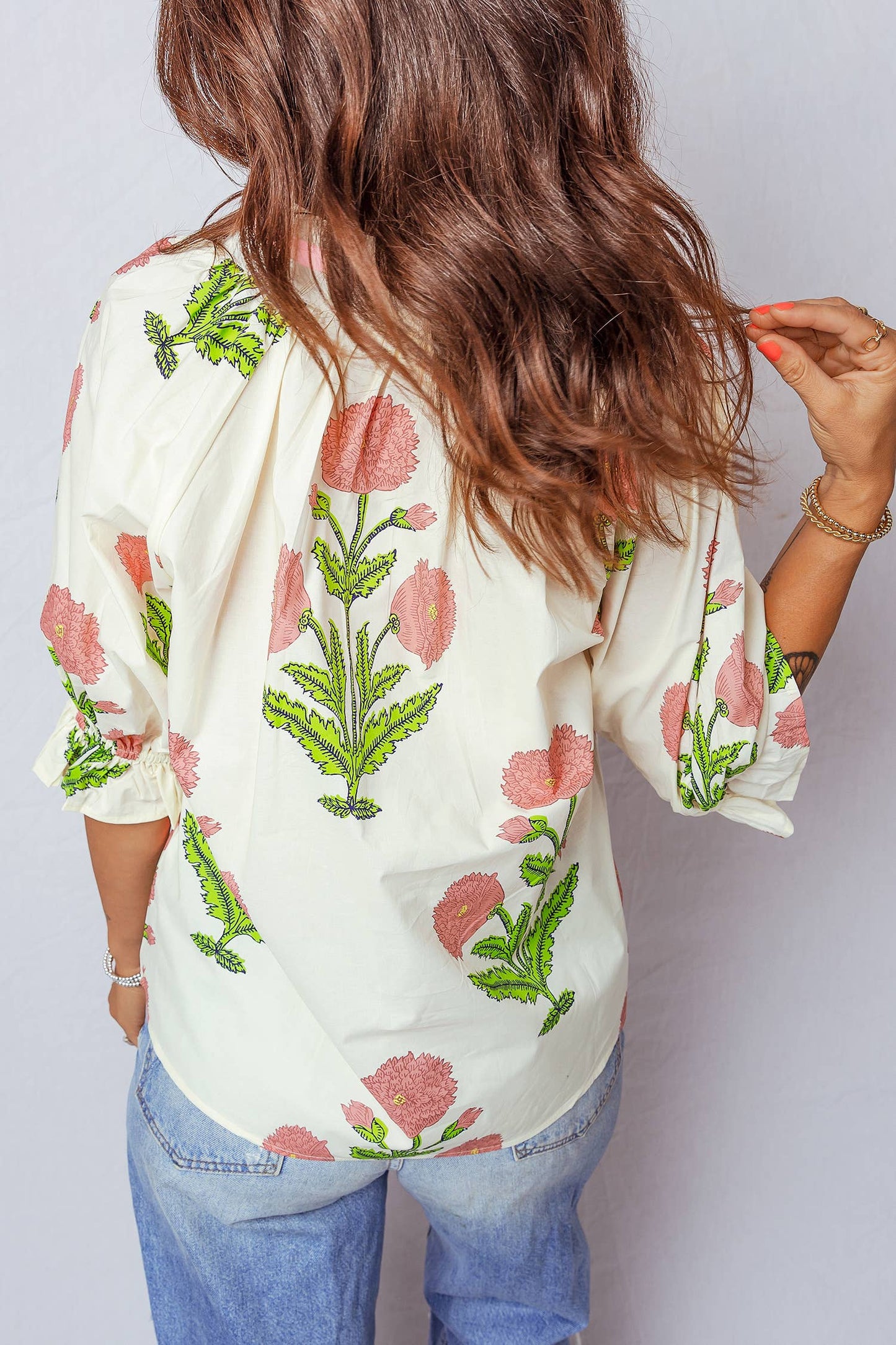 Summer Wild Flower Print V Neck 3/4 Sleeve Blouse