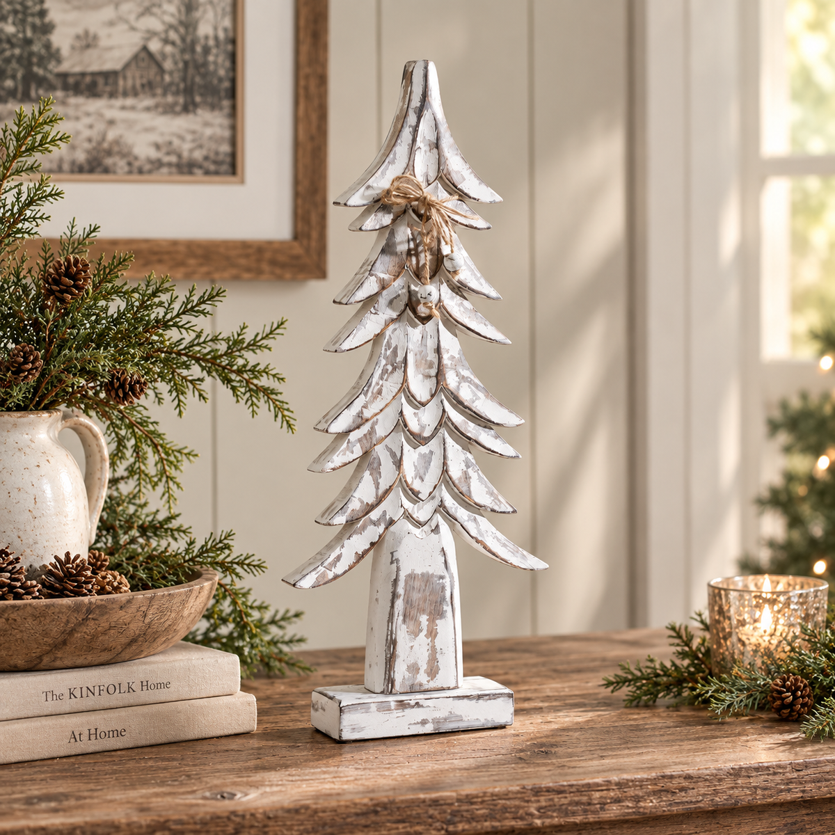 Timber Tidings Distressed White Wooden Tree 17x7.5x2