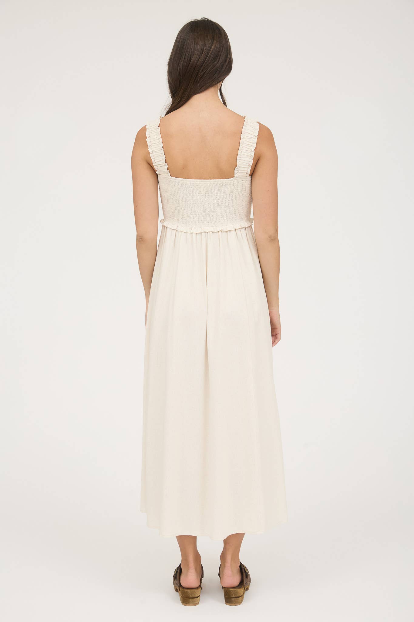 SMOCKED SLEEVELESS BUTTON DOWN MIDI DRESS