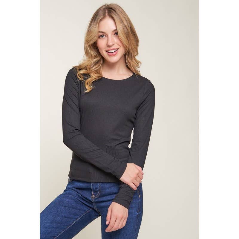 Double Layer Crew Neck Long Sleeve Rib Knit Top