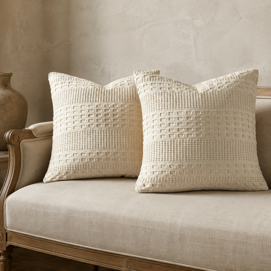 Natural Cream Waffle Weave Cotton 24x24 Pillow Cover Set/2