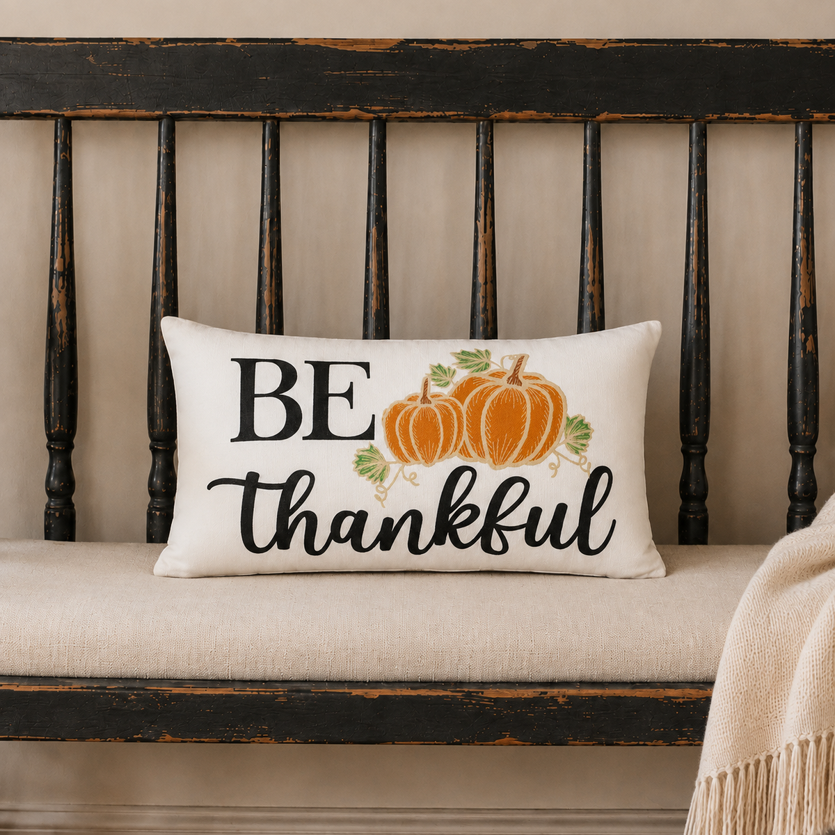 Pumpkin Throw Pillow 14x22 Annie Black Check Be Thankful