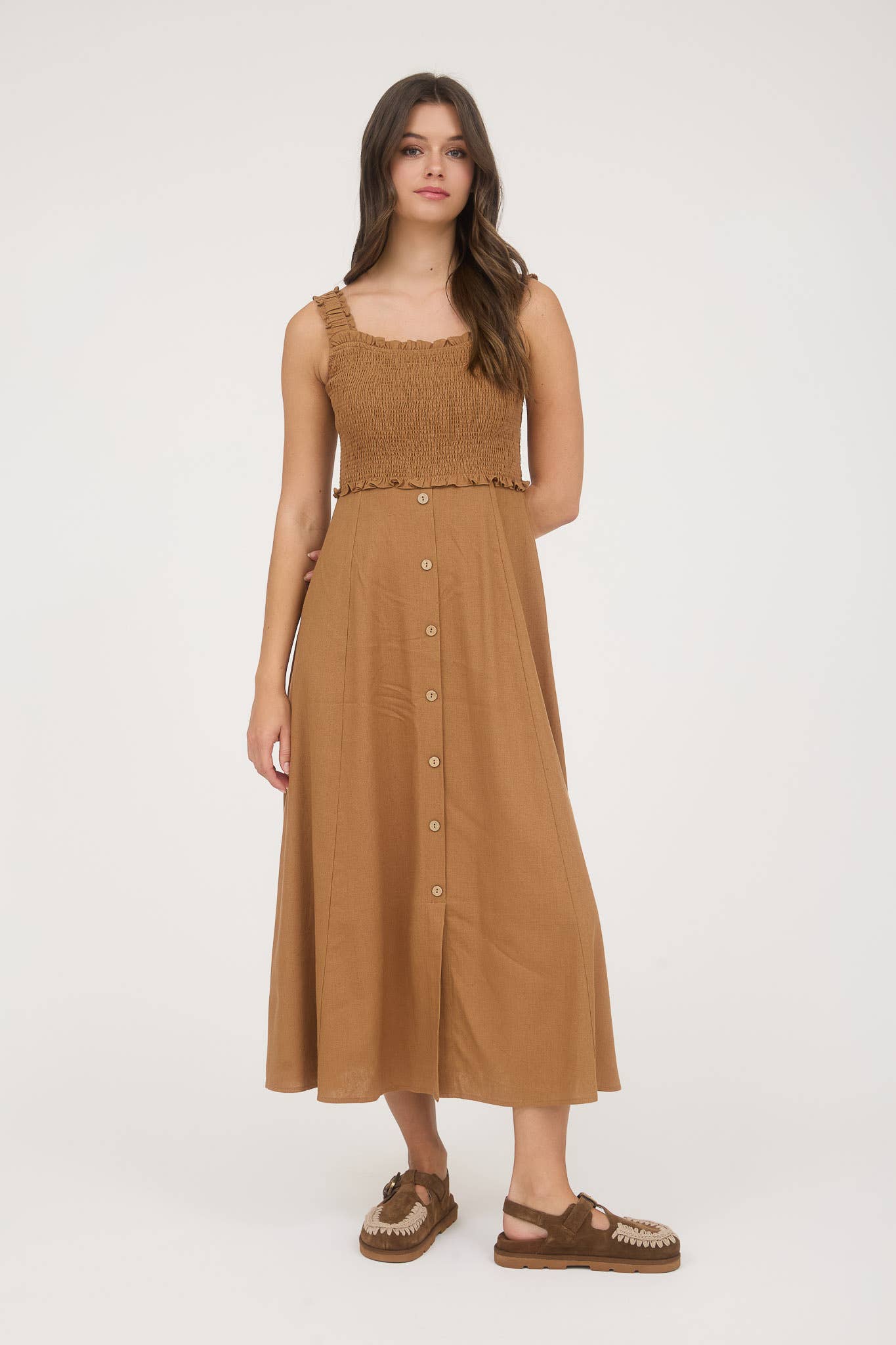 SMOCKED SLEEVELESS BUTTON DOWN MIDI DRESS
