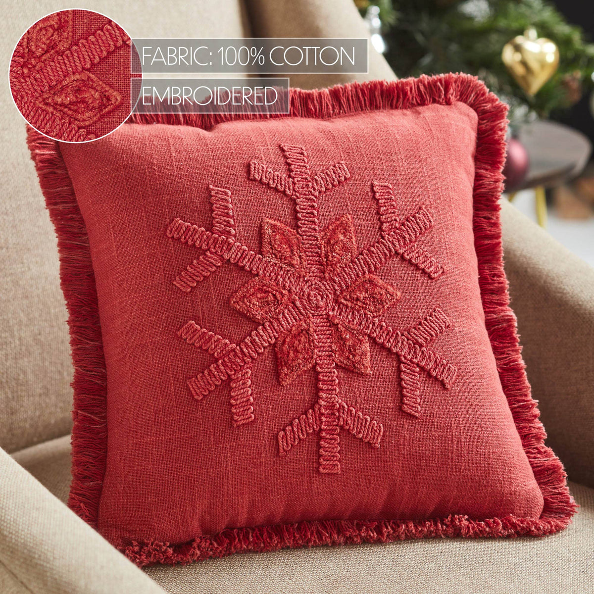 Christmas Red Snowflake Fringed Throw Pillow 12x12