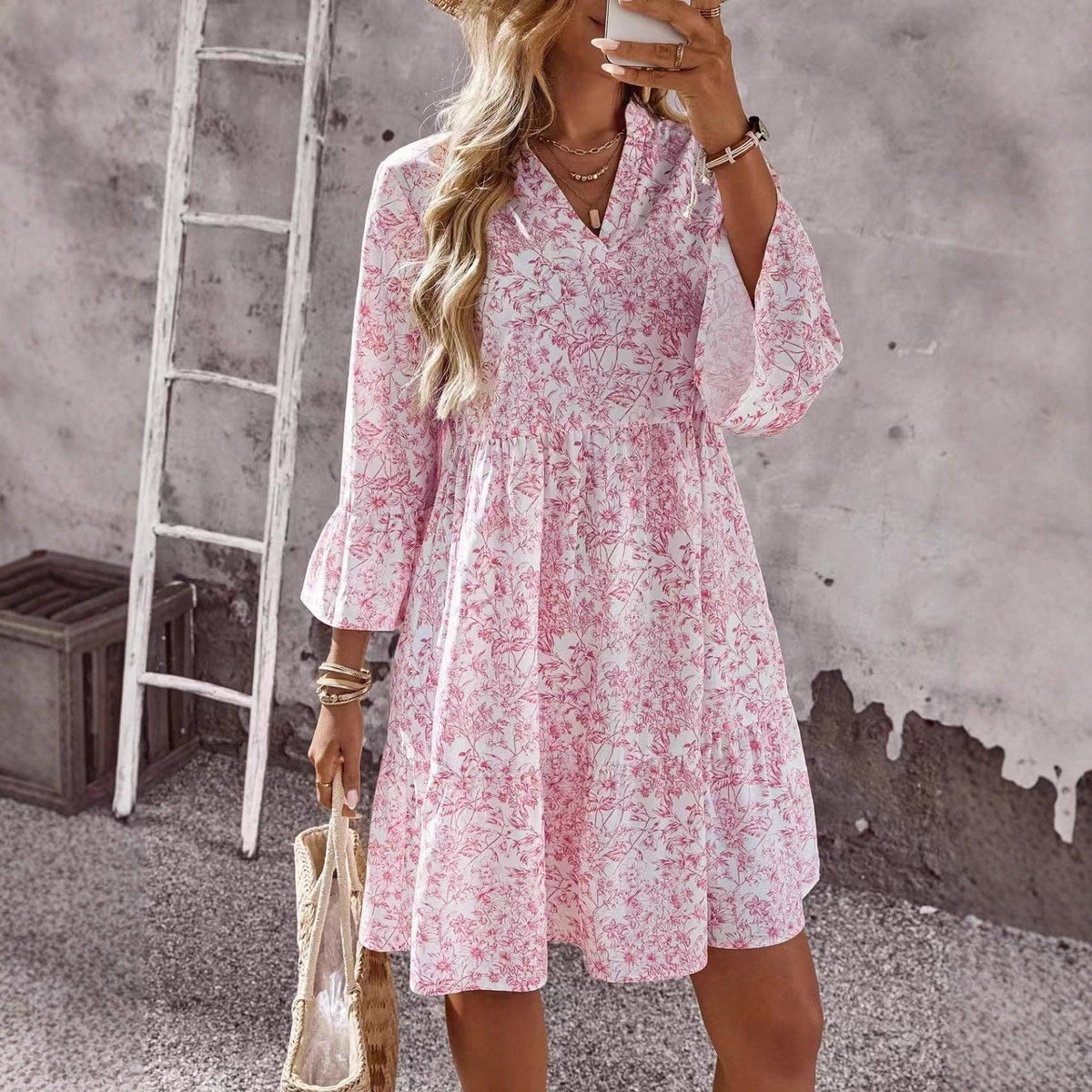 Coquette Flare Sleeve Ditsy Floral Relaxed Fall Mini Dress