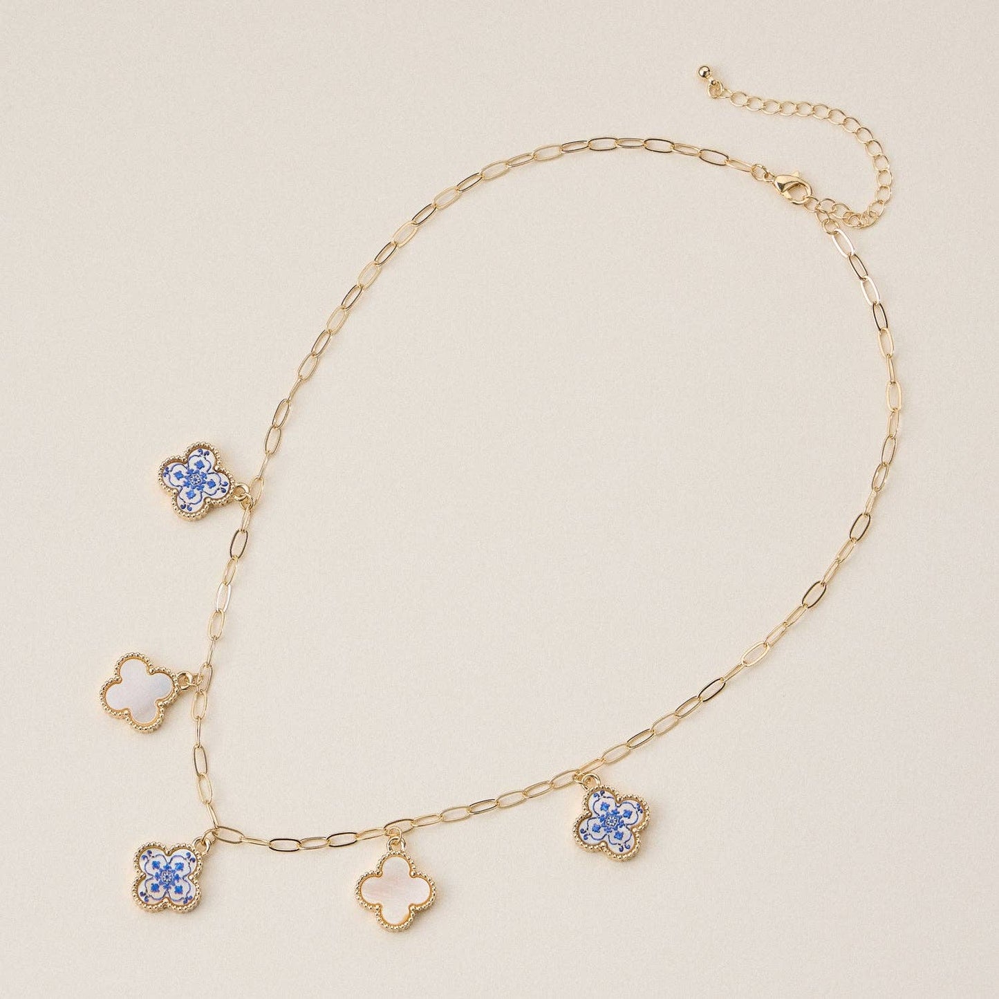 Blue Floral & Pearl Clover Charm Necklace