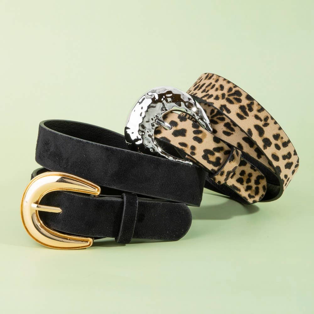 Two Piece Vegan Leather Black And Leopard Belt Set