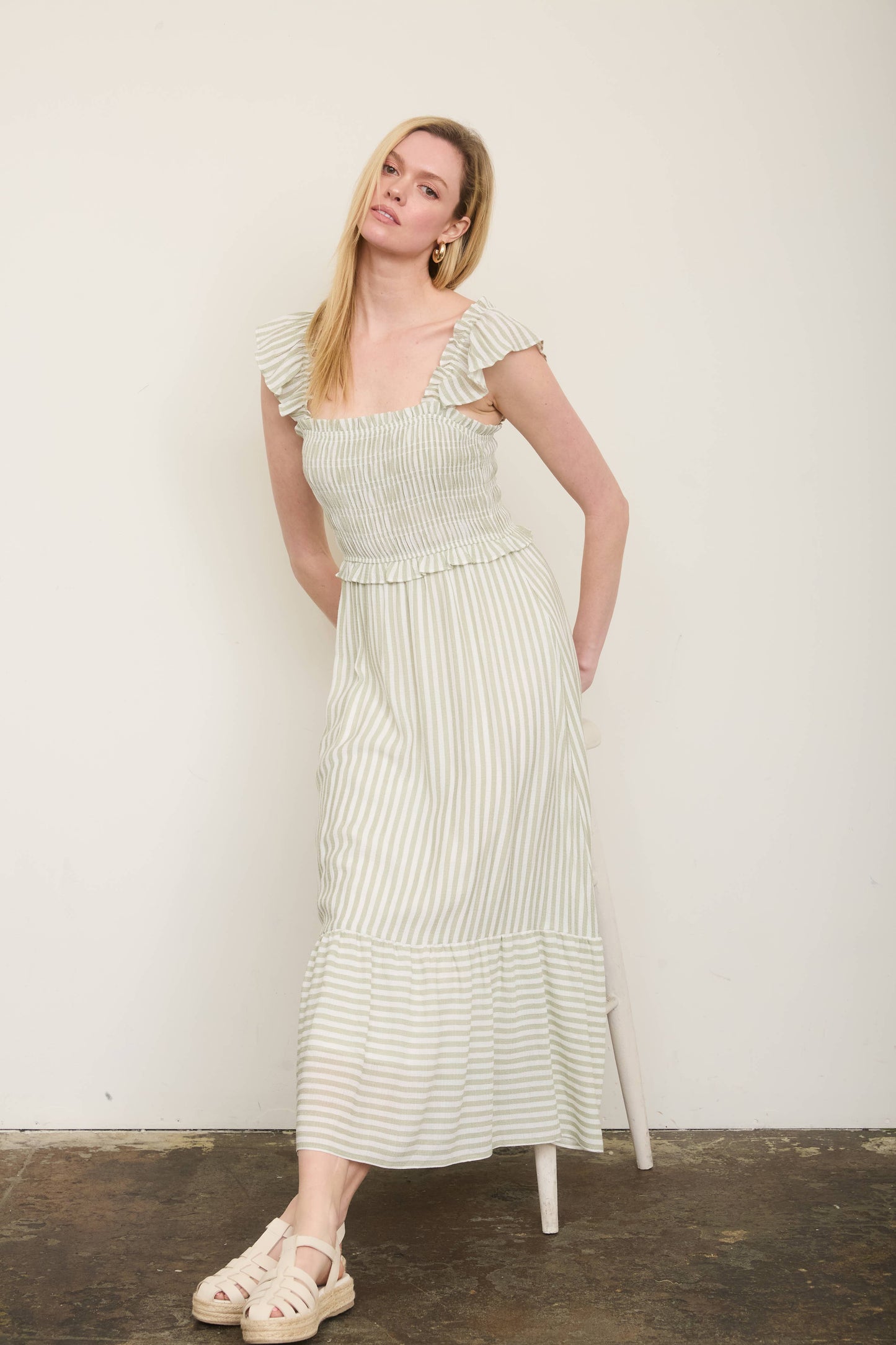 STRIPE SMOCKED RUFFLE TRIM MIDI DRESS