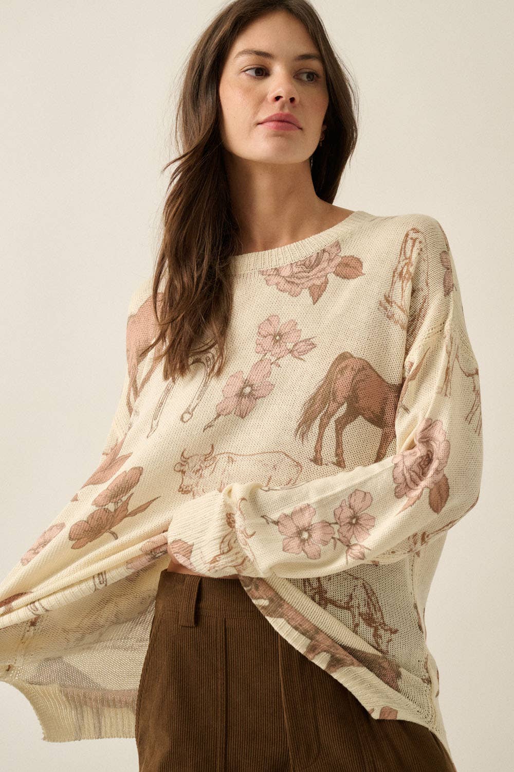 Western Floral Allover-Print Knit Sweater