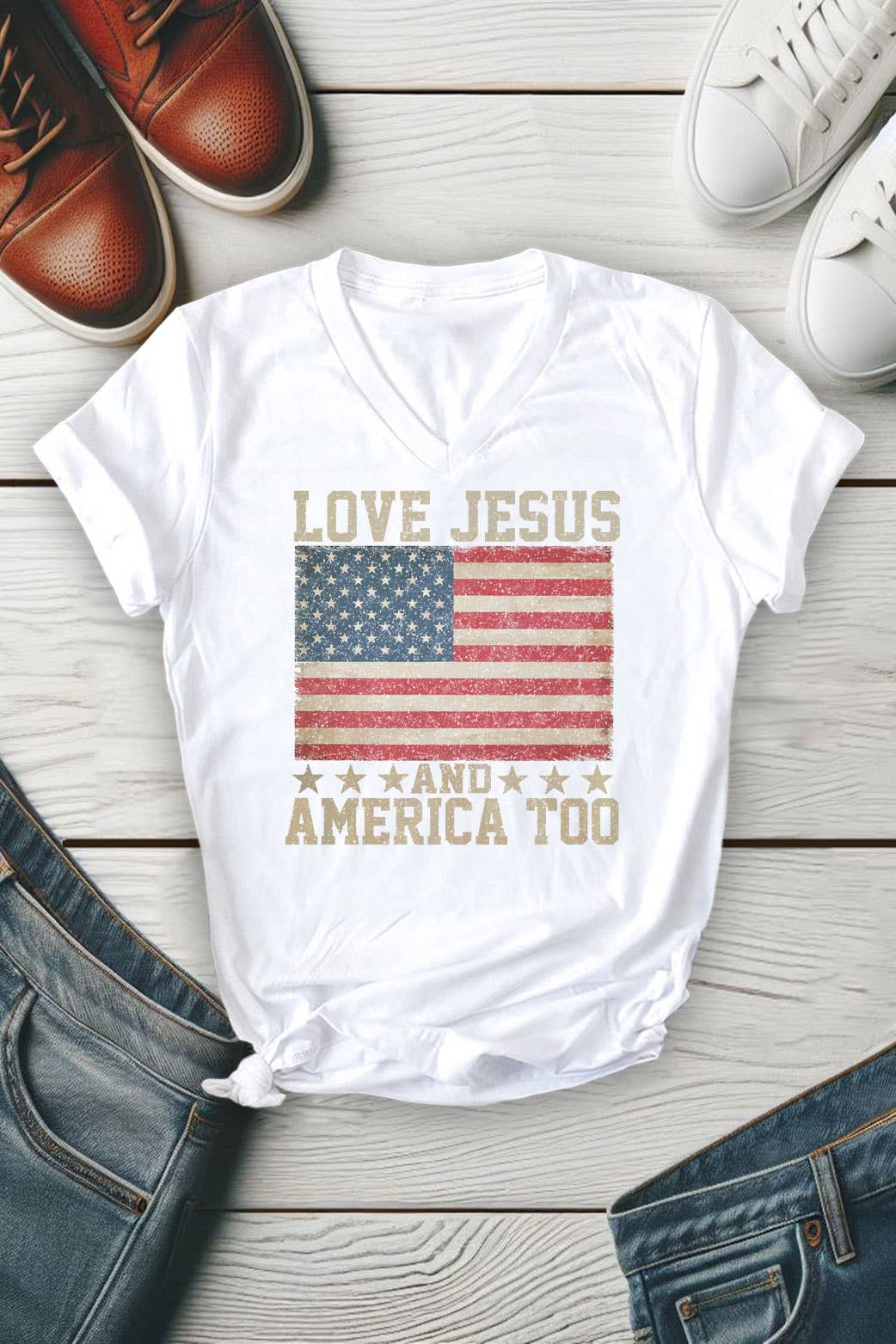 Love Jesus and America Too, 4th of July, Unisex V-neck T-Shirt