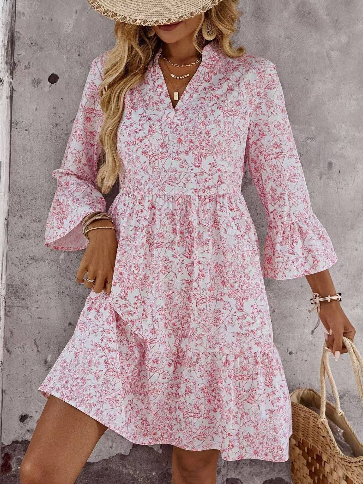 Coquette Flare Sleeve Ditsy Floral Relaxed Fall Mini Dress