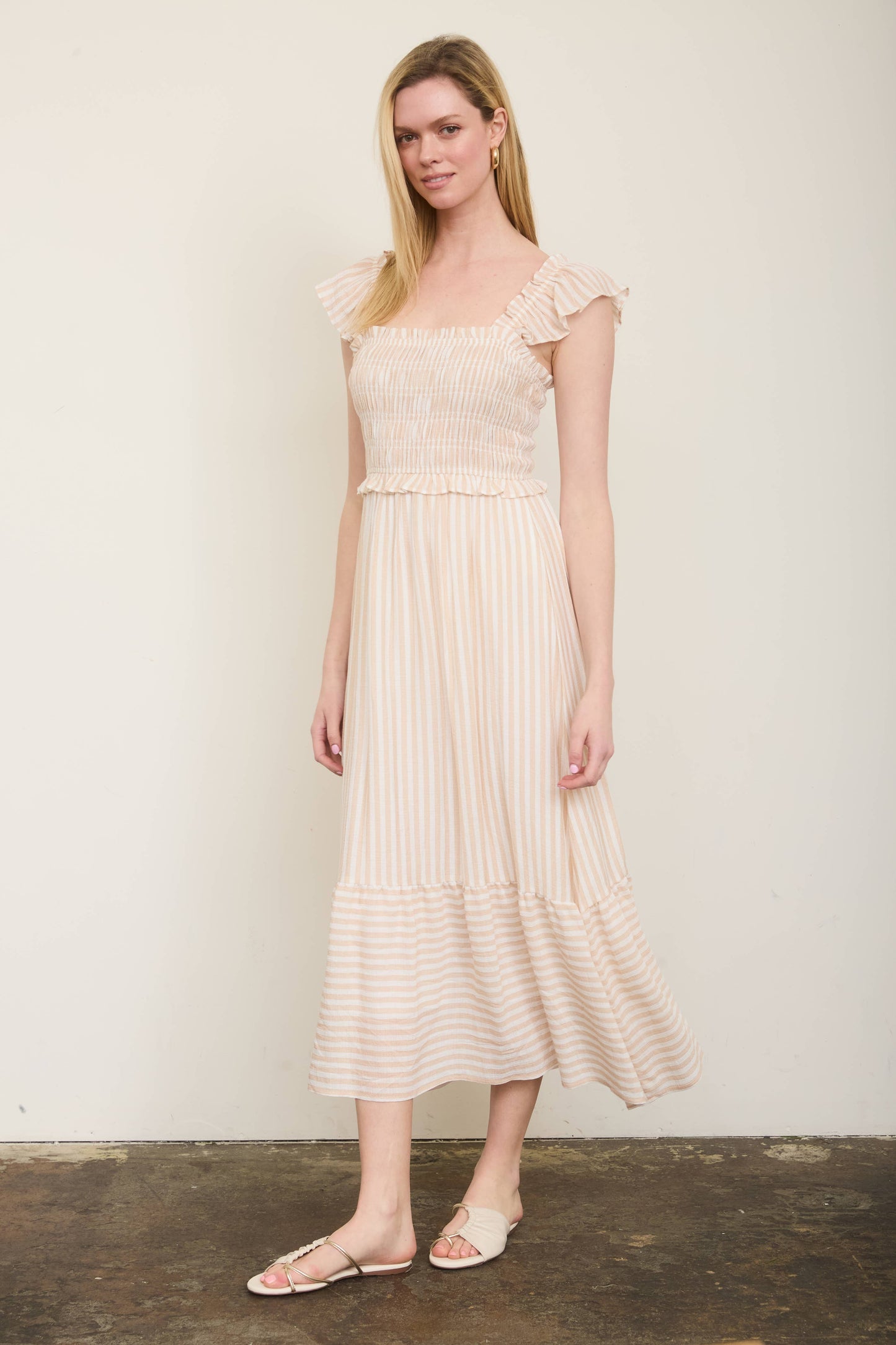 STRIPE SMOCKED RUFFLE TRIM MIDI DRESS