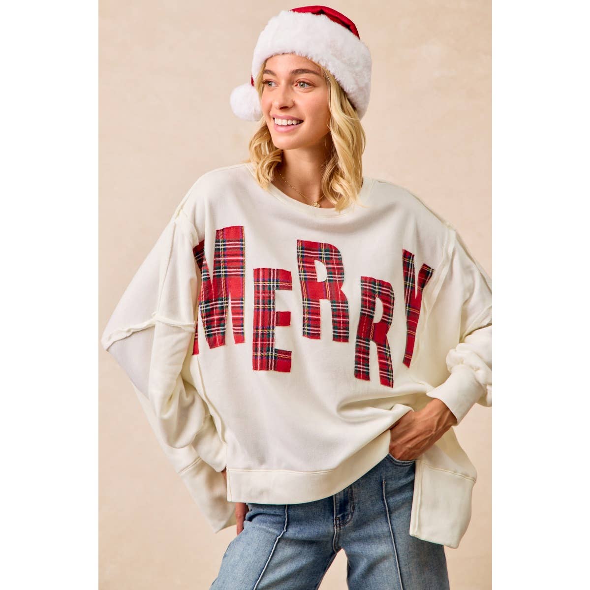 CHRISTMAS PLAID MERRY LETTERING FLEECE SWEATSHIRT