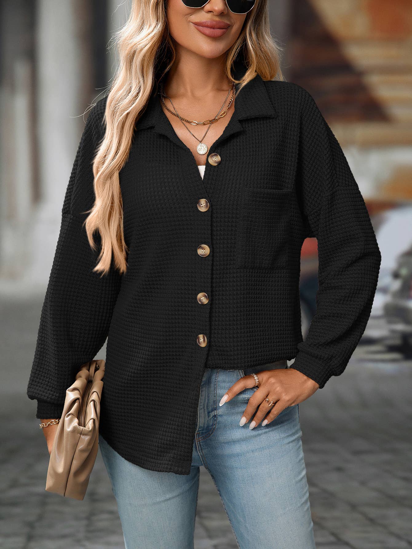Waffle Knit Button Down Shacket Relaxed Fit Jacket