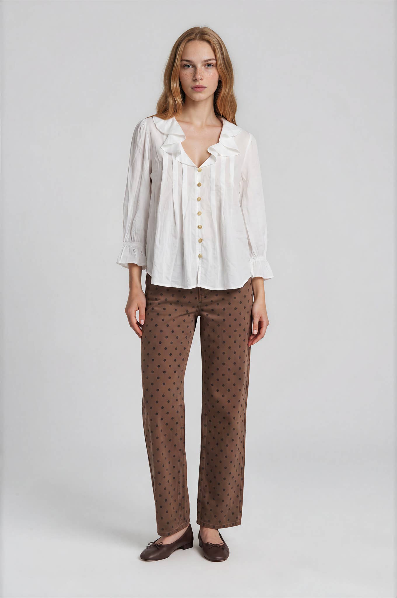 RUFFLED V NECK BUTTON DOWN 3/4 SLEEVE BLOUSE (PRE-ORDER)