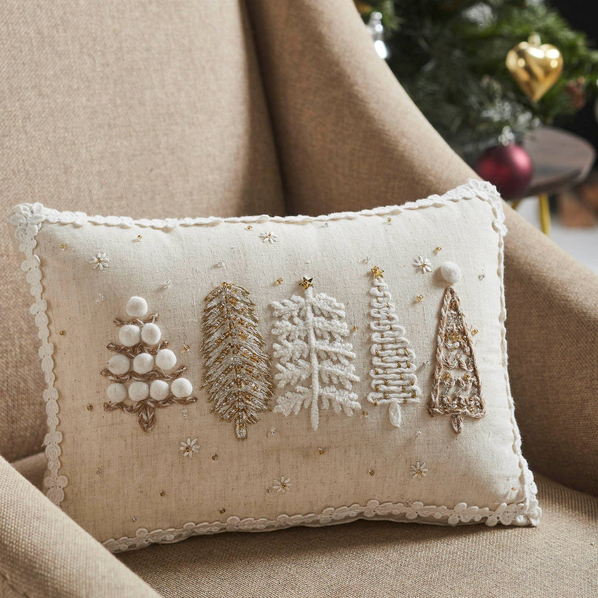 5 Christmas Trees White Throw Pillow 14x10