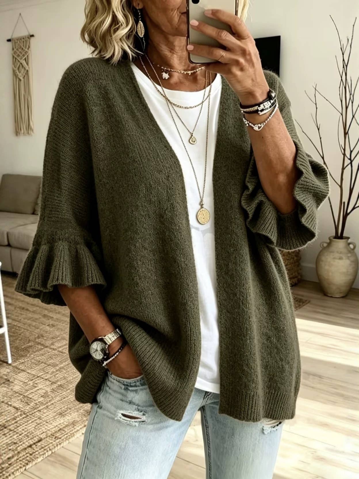 Solid 3/4 Sleeve Knit Cardigan