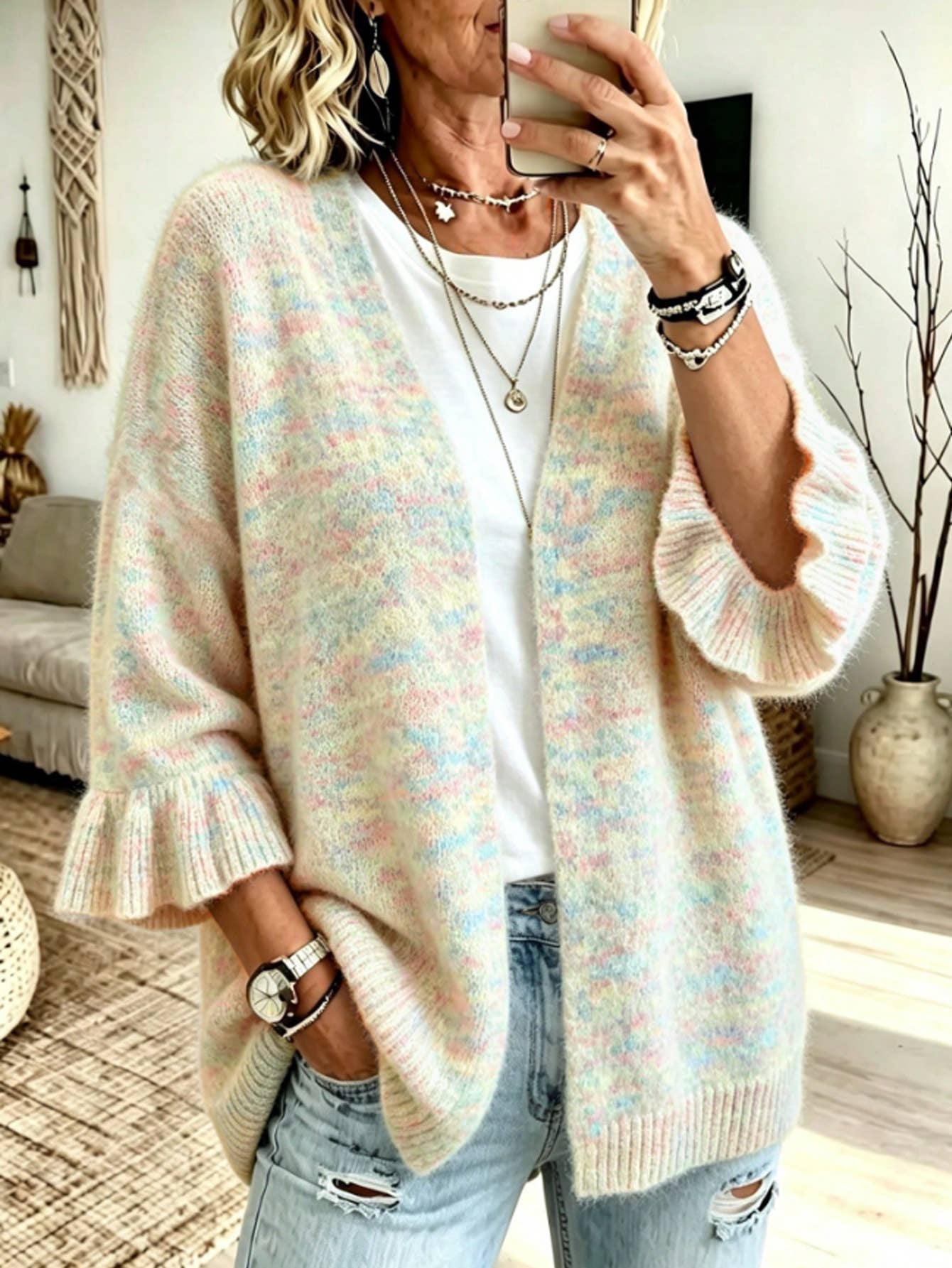 Solid 3/4 Sleeve Knit Cardigan