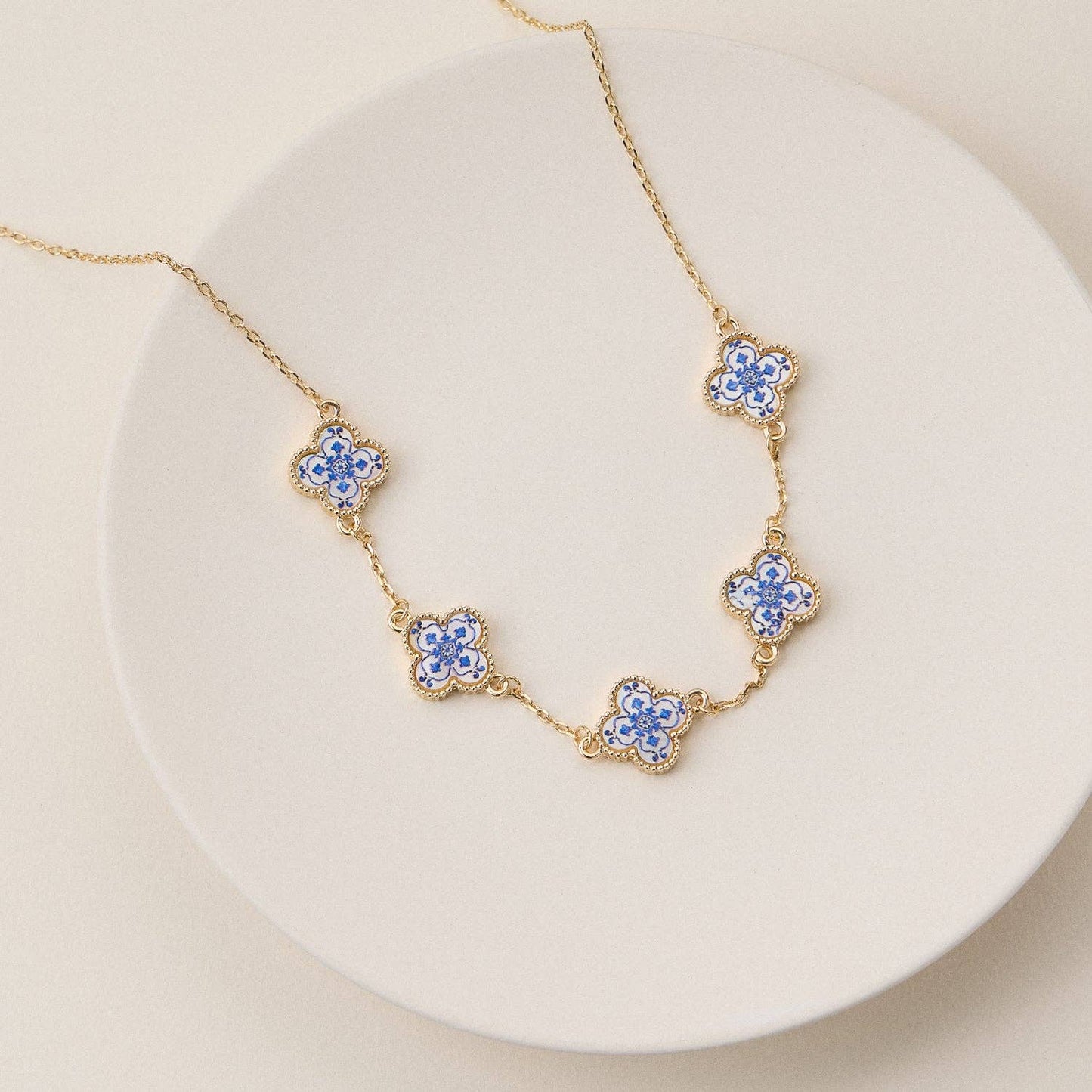 Blue Floral Clover Enamel Necklace – Gold Tone