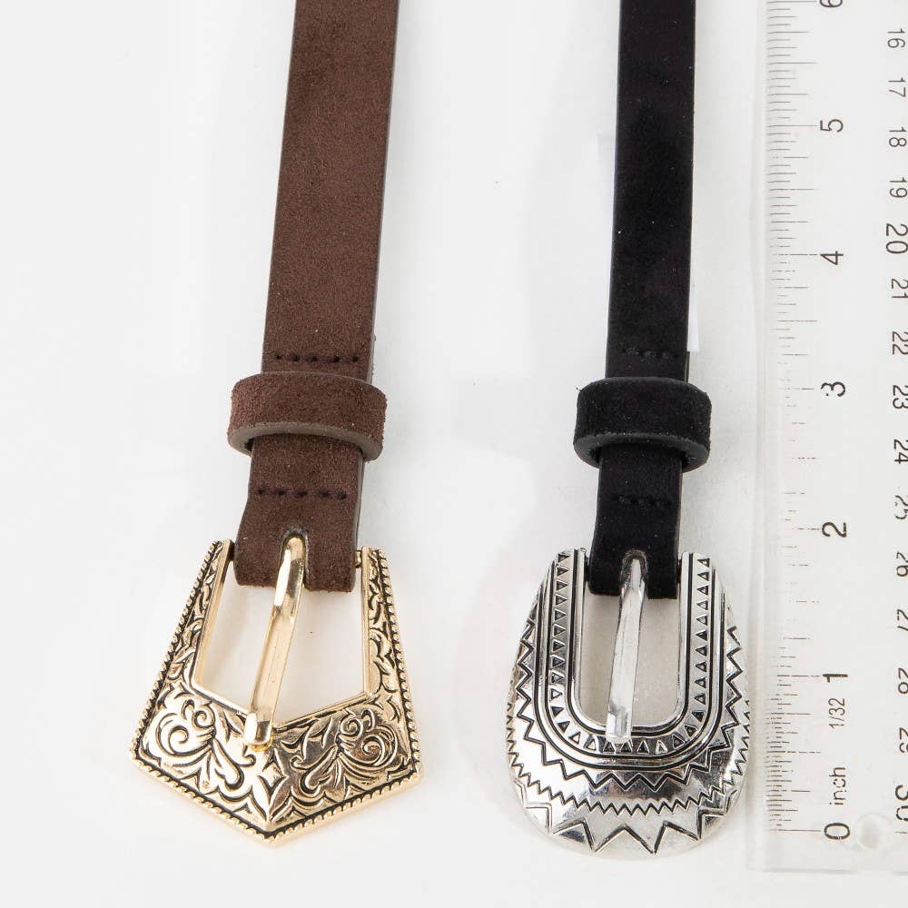 Embroidered Buckle Black And Brown Vegan Leather Belt Set
