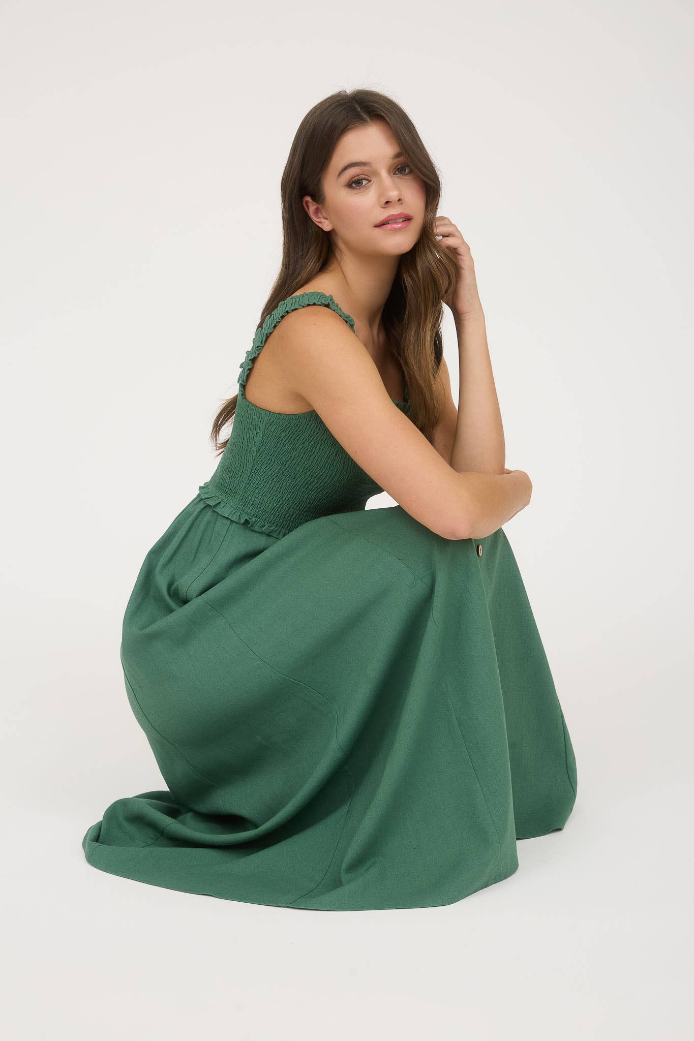 SMOCKED SLEEVELESS BUTTON DOWN MIDI DRESS