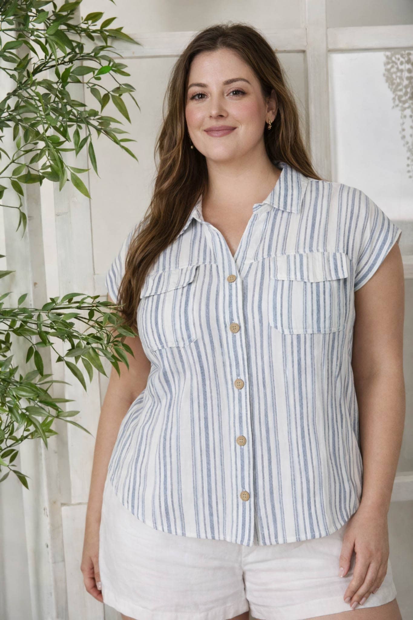 PLUS STRIPE SHORT SLEEVE POCKET TAB DETAIL SHIRT