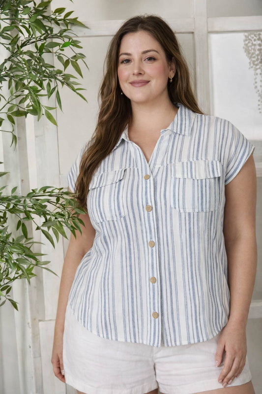 PLUS STRIPE SHORT SLEEVE POCKET TAB DETAIL SHIRT