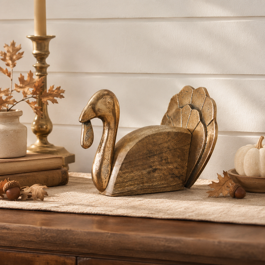 Wooden Turkey w/ Burnished Gold Rustic Fall Decor8.5"