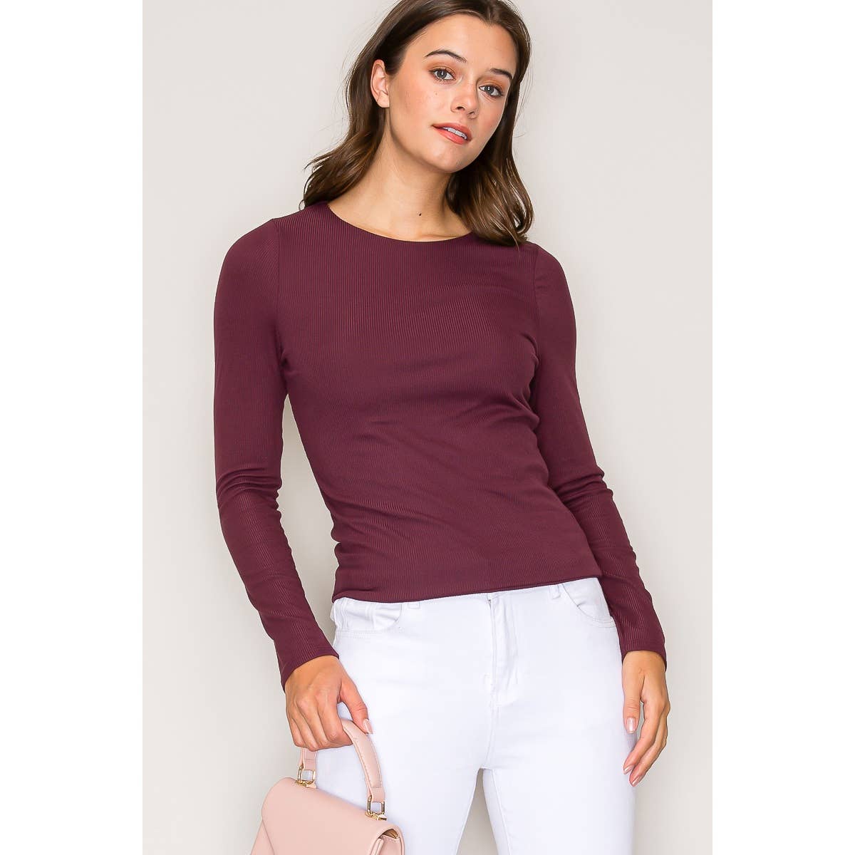 Double Layer Crew Neck Long Sleeve Rib Knit Top