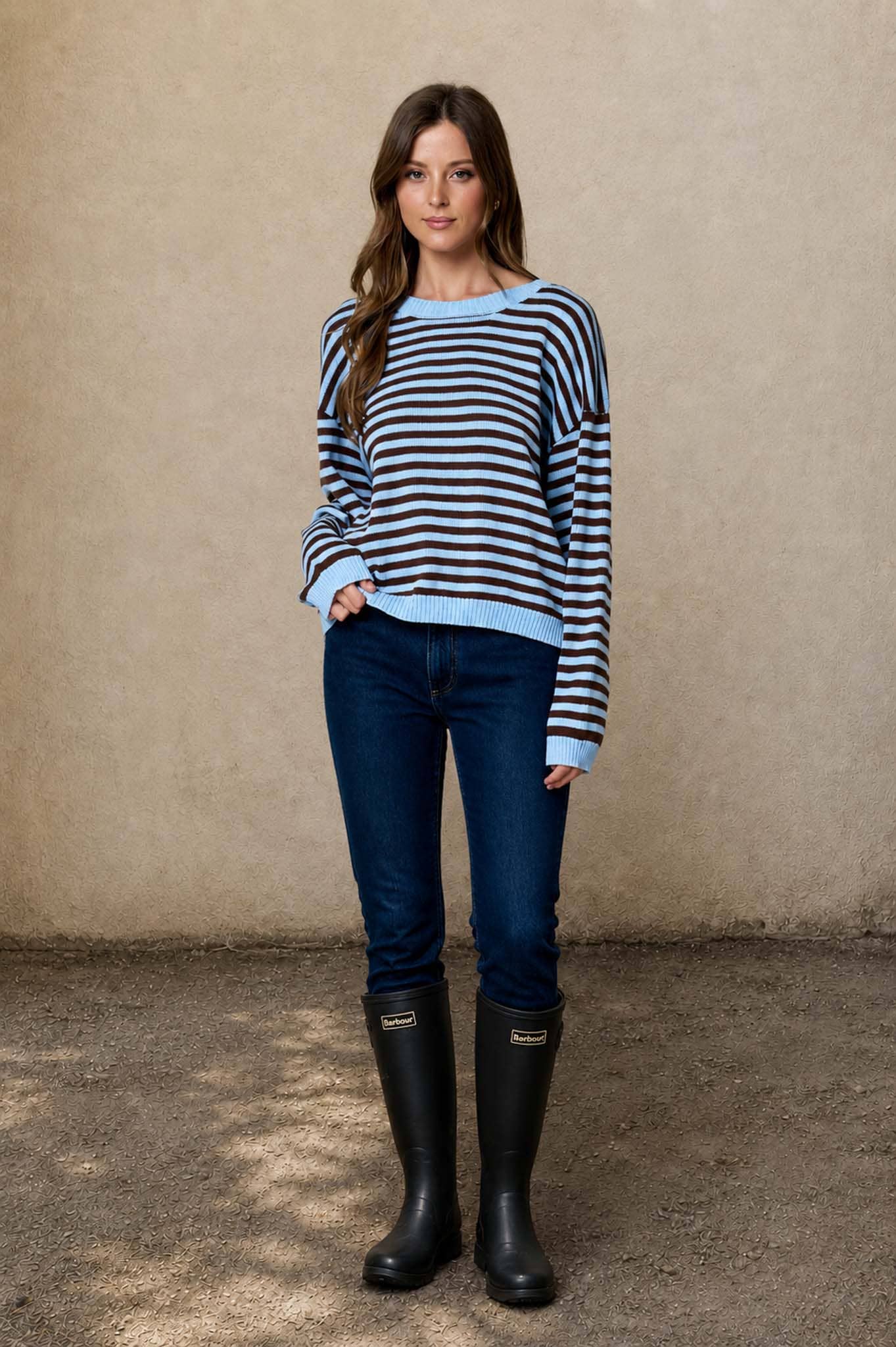 STRIPE RELAXED BACK BUTTON DETAIL KNIT SWEATER