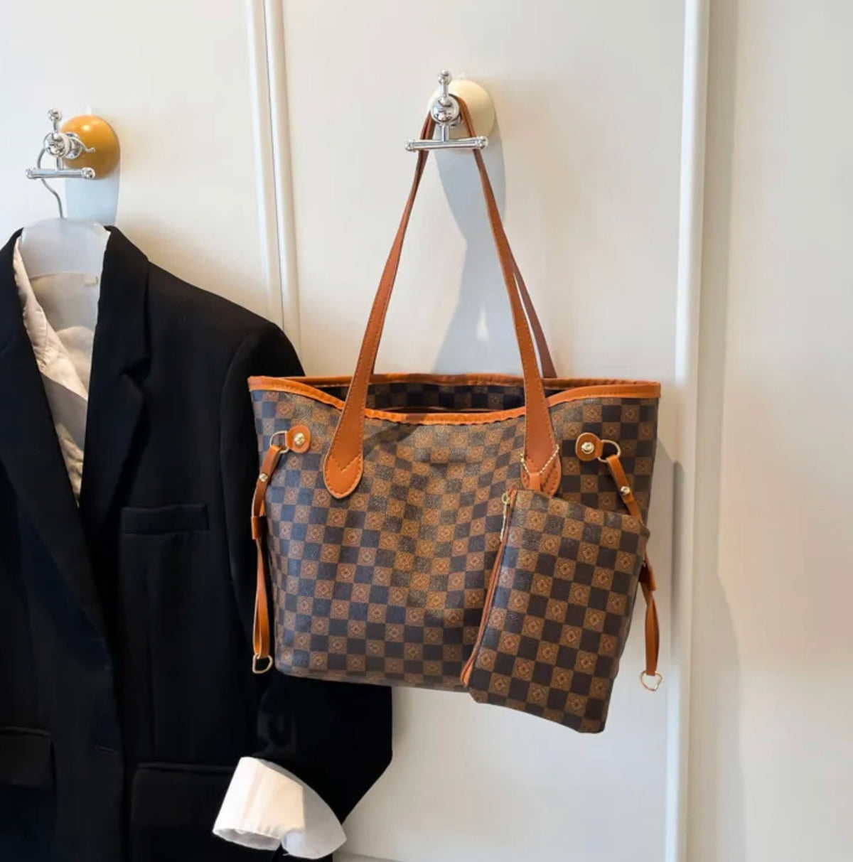 Vintage Checkerboard Print Tote