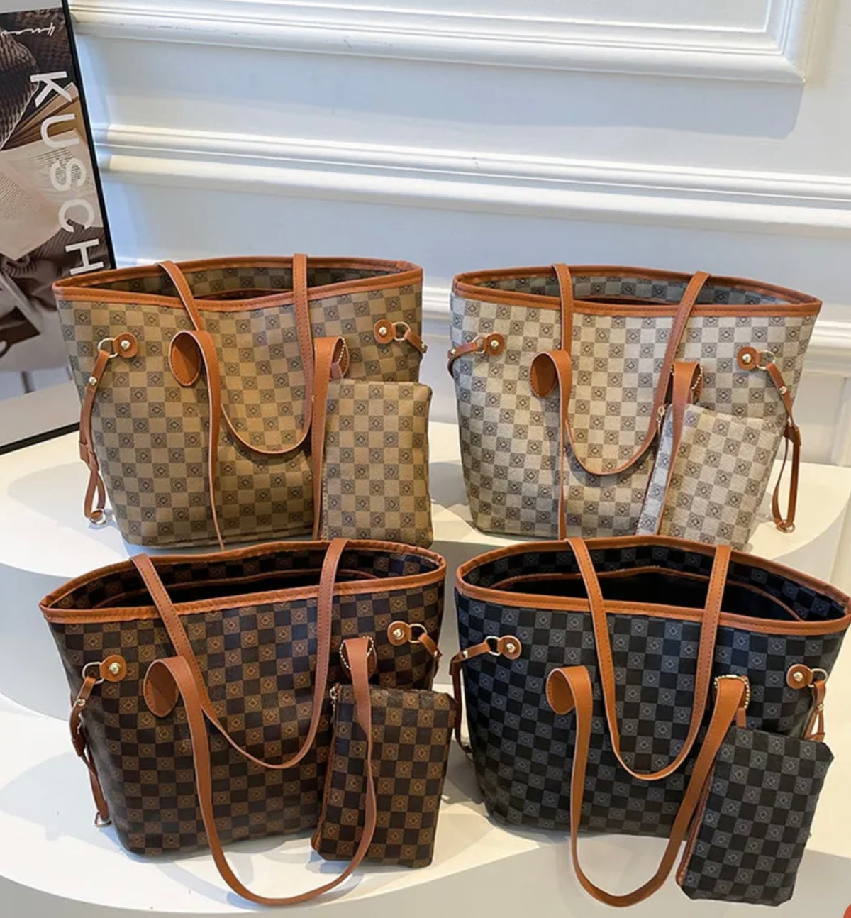Vintage Checkerboard Print Tote