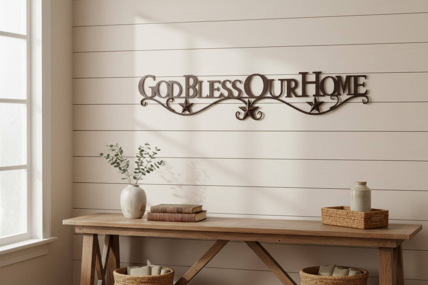 METAL GOD BLESS OUR HOME SIGN,  42"X7.5"