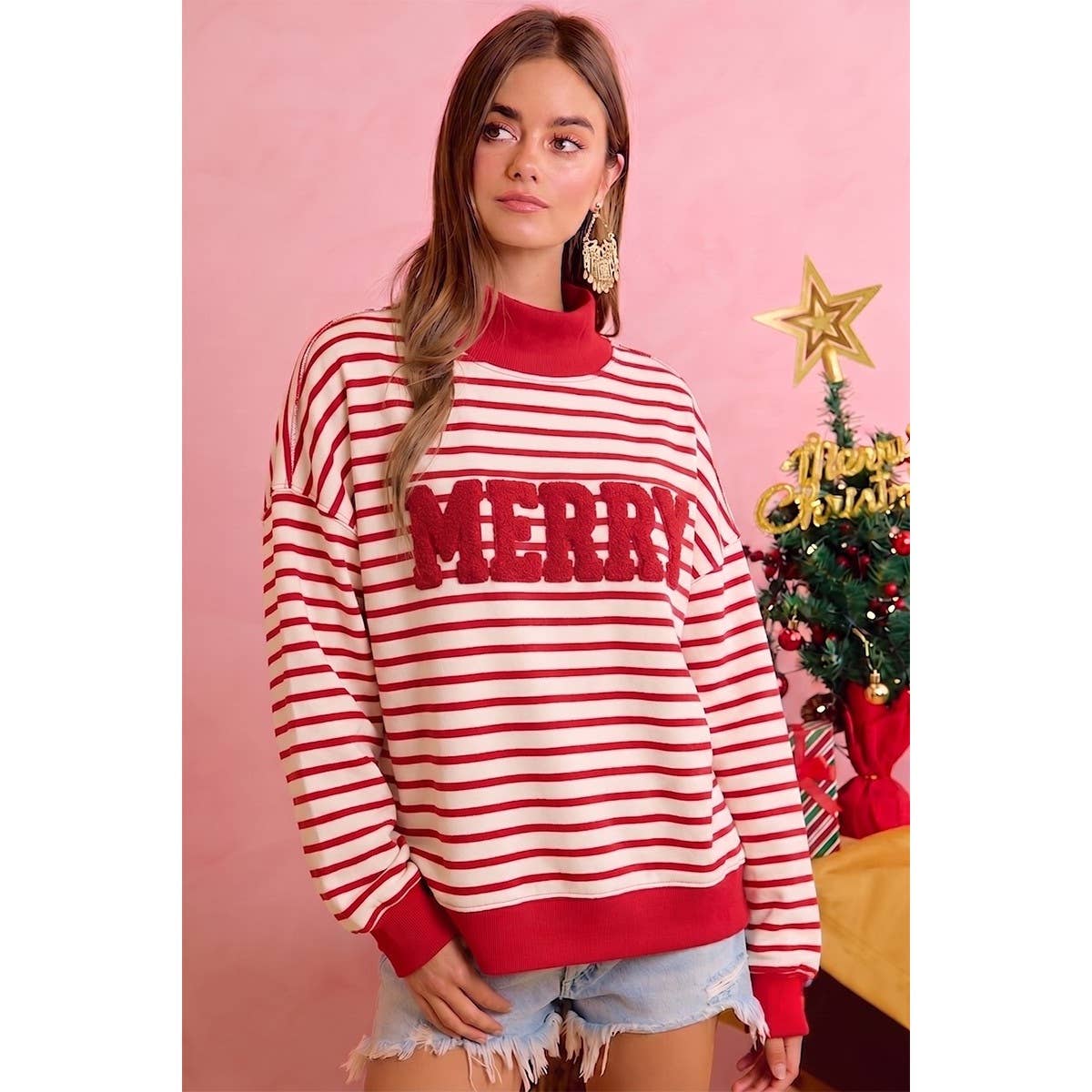 CHRISTMAS STRIPE AND MERRY PATCHWORK MOCK NECK TOP