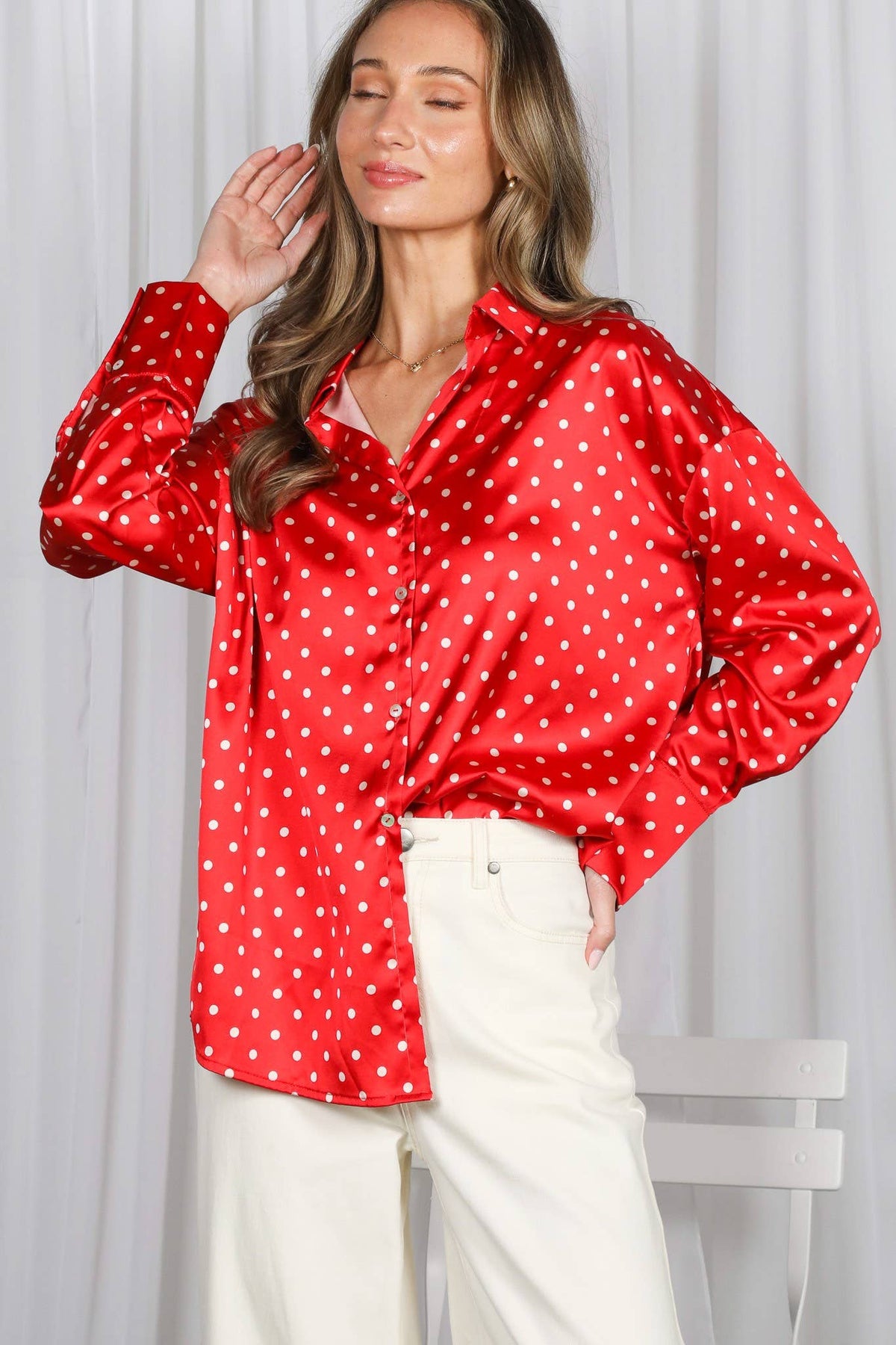 Polka Dot Collared Long-Sleeve Satin Blouse Top VT81294B