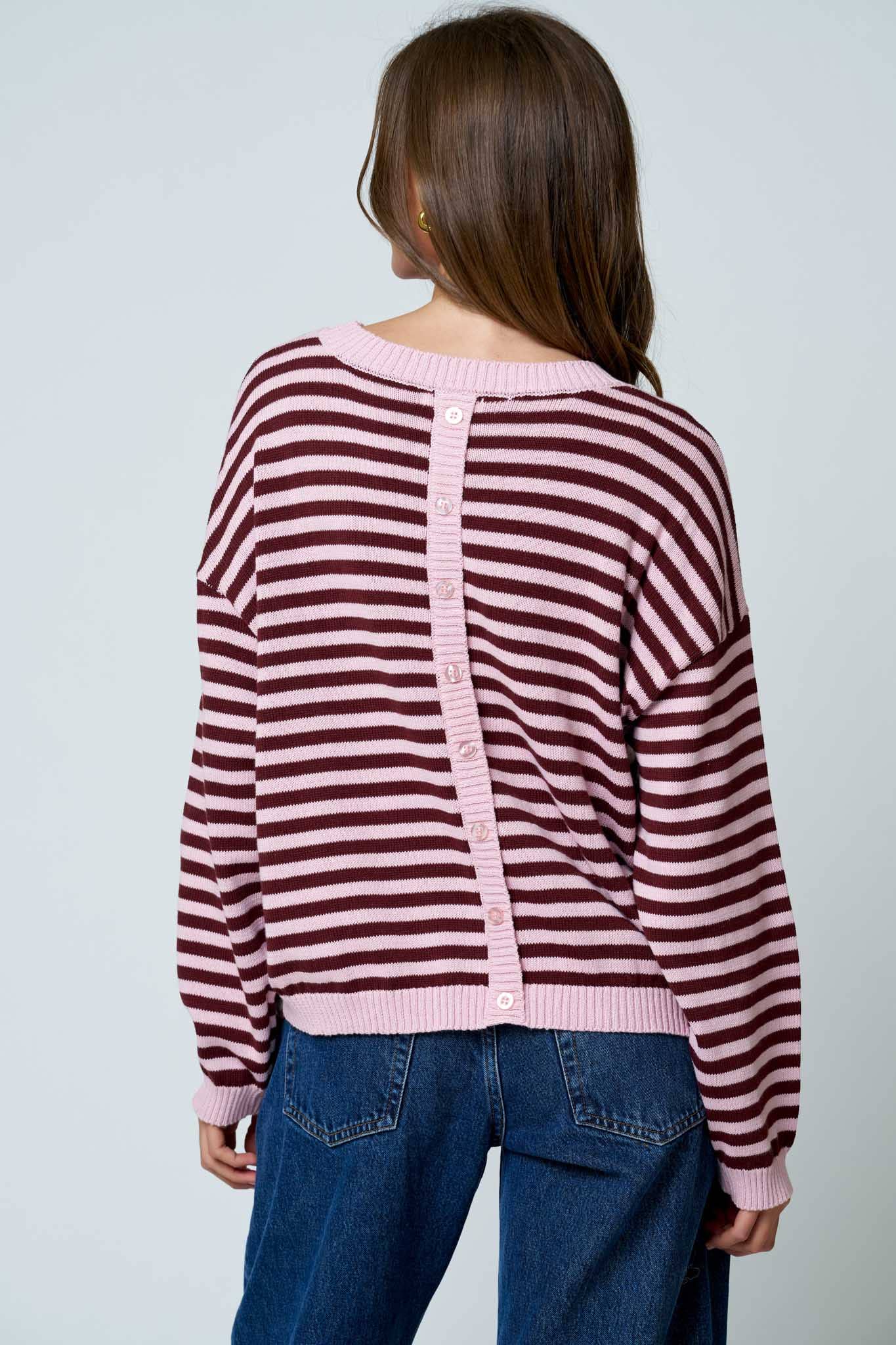 STRIPE RELAXED BACK BUTTON DETAIL KNIT SWEATER