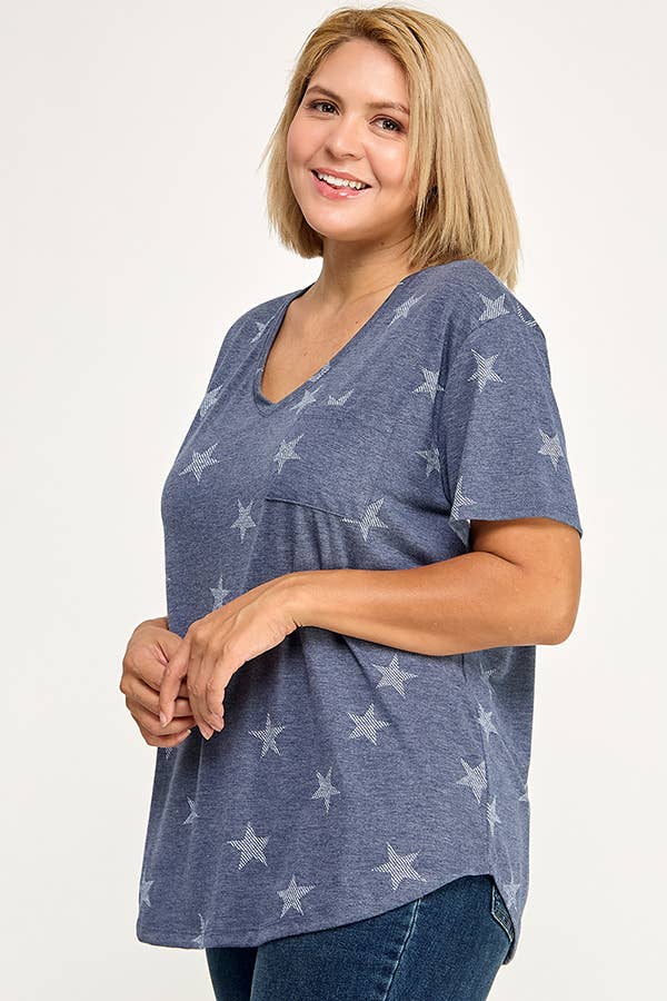 V NECK SHORT SLEEVE TEE WITH STAR PRINT
