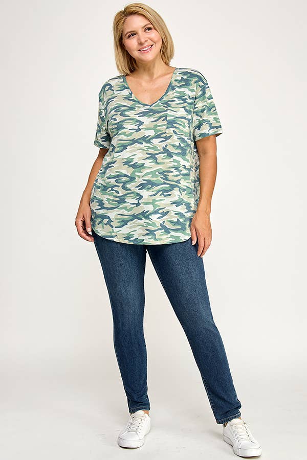 CAMOUFLAGE PRINT S/S WITH FRONT POCKET TOP