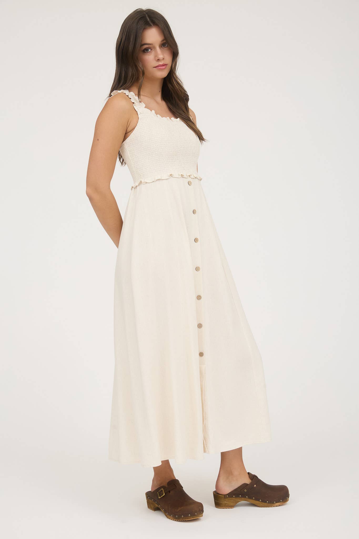 SMOCKED SLEEVELESS BUTTON DOWN MIDI DRESS