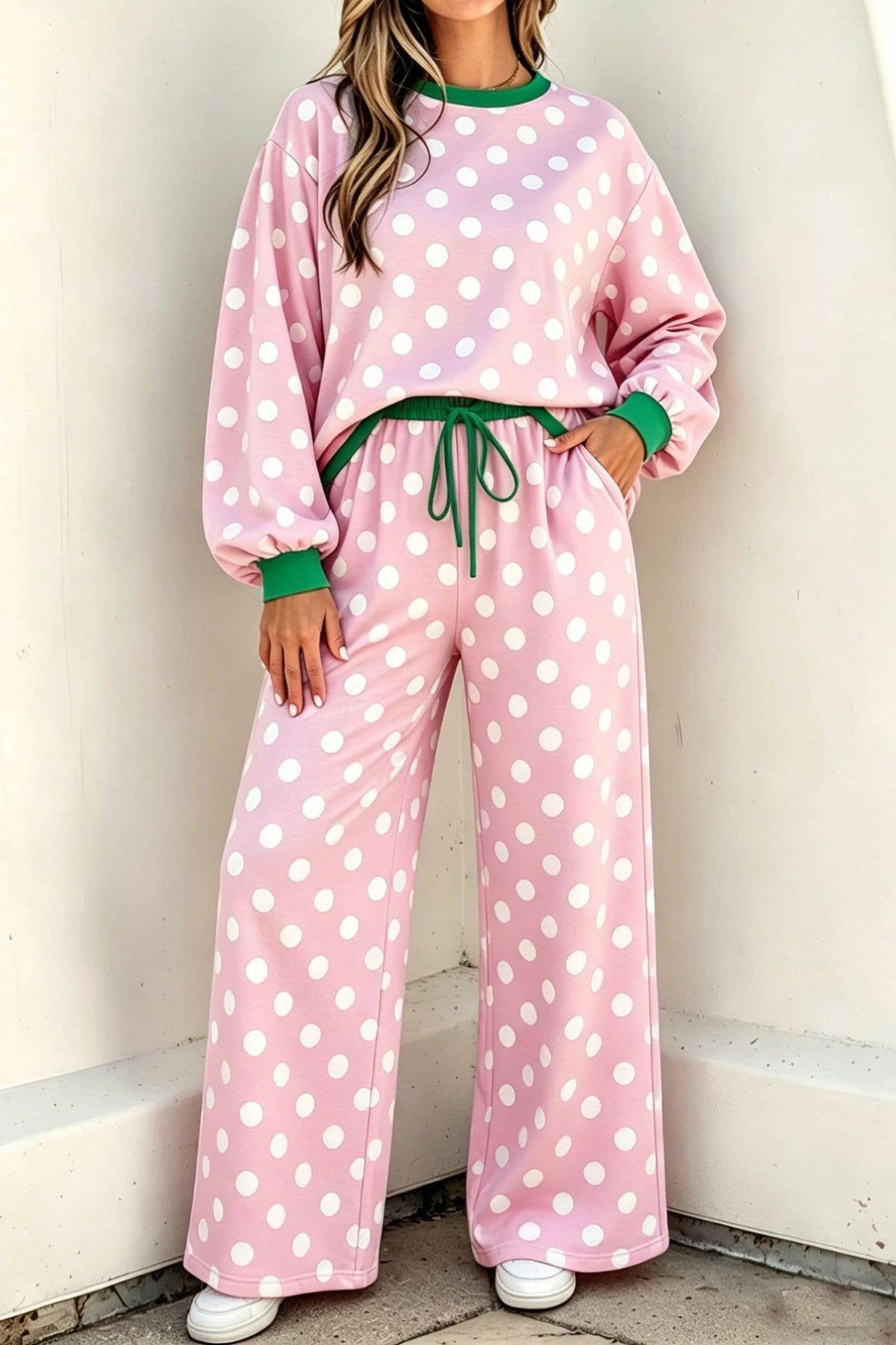 Casual Versatile Two Tone Polka Dots Crewneck Top 2PC Set
