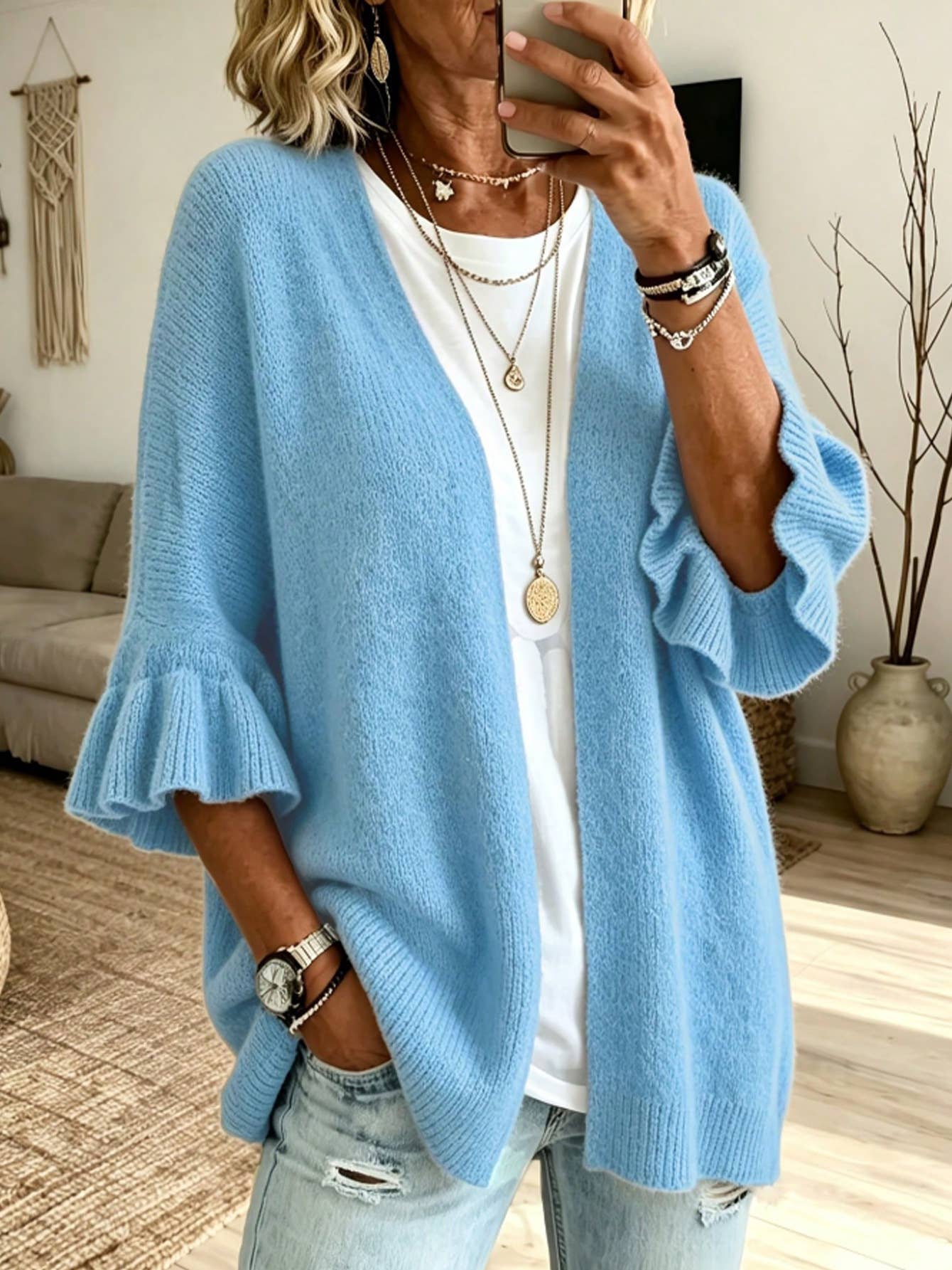 Solid 3/4 Sleeve Knit Cardigan