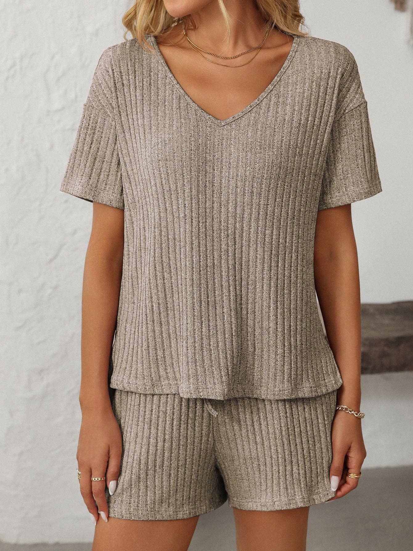 Solid Color Ribbed Short-Sleeve Pajama Loungewear Set