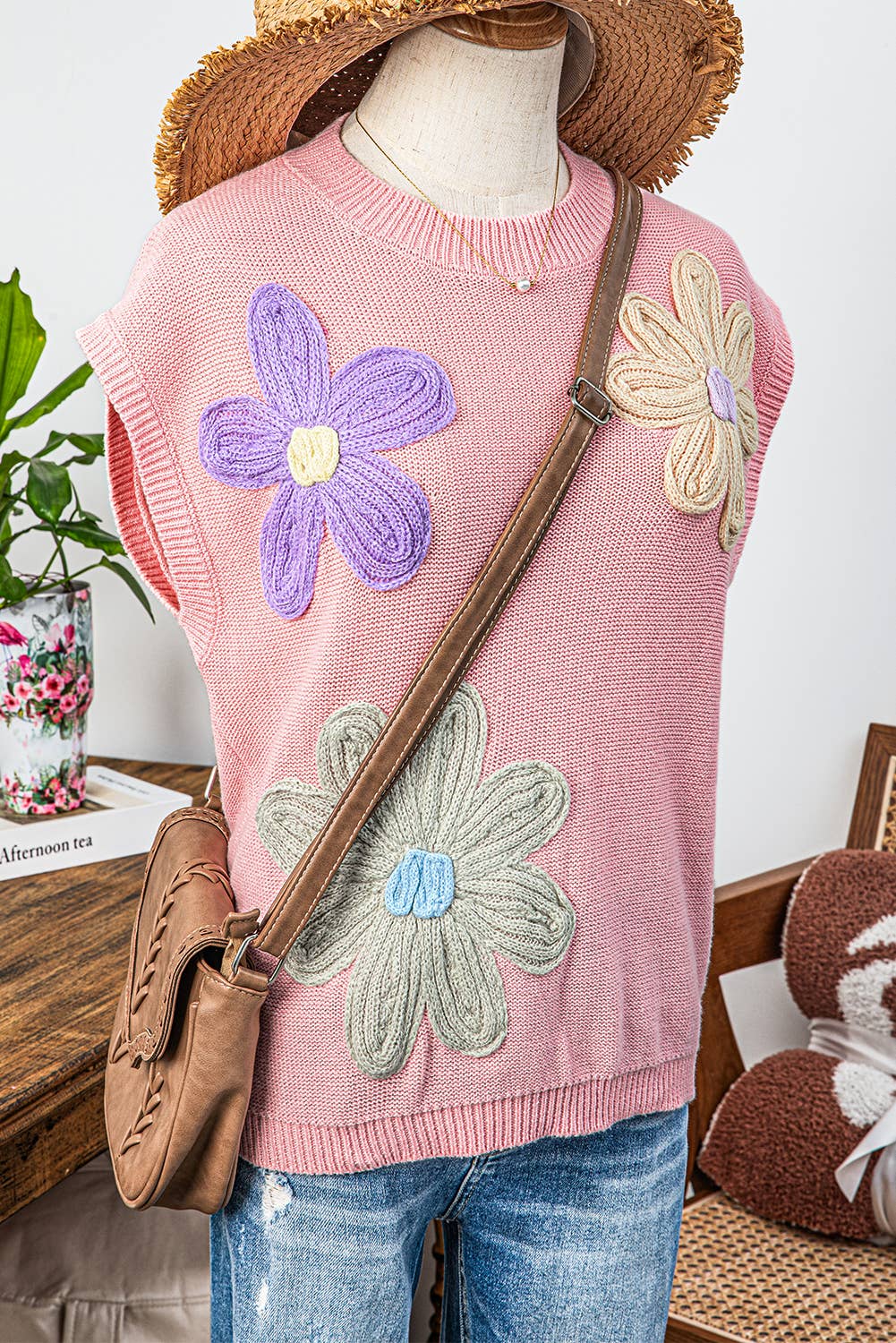 Crochet Flower Knit Short Sleeve Sweater Tops