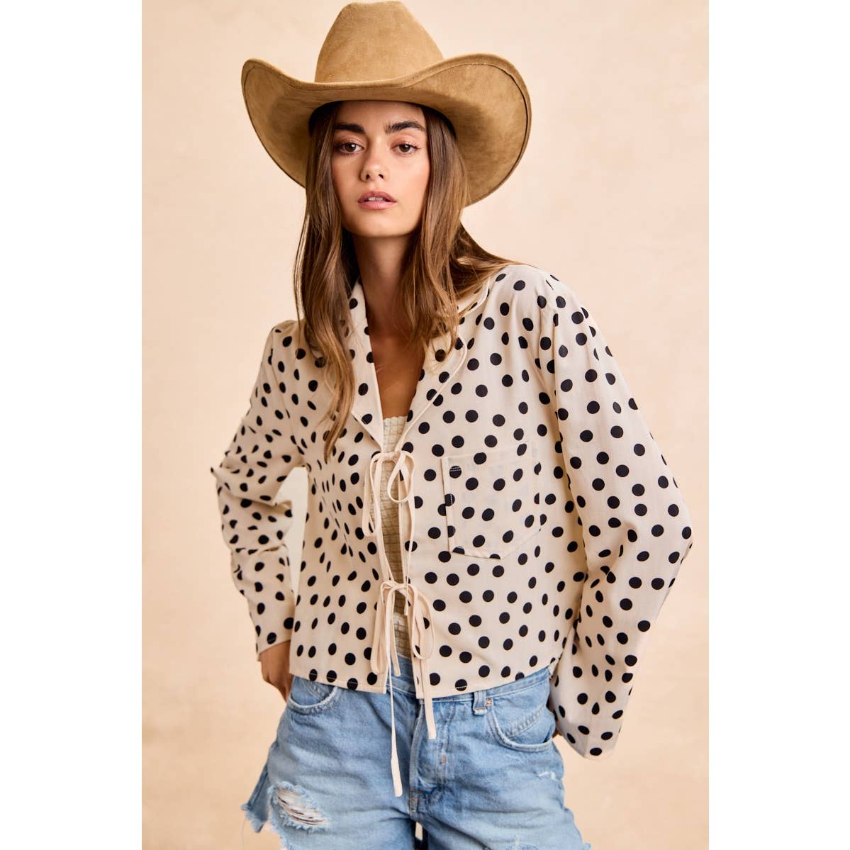 POLKA DOT TIE FRONT DETAIL COLLARED TOP