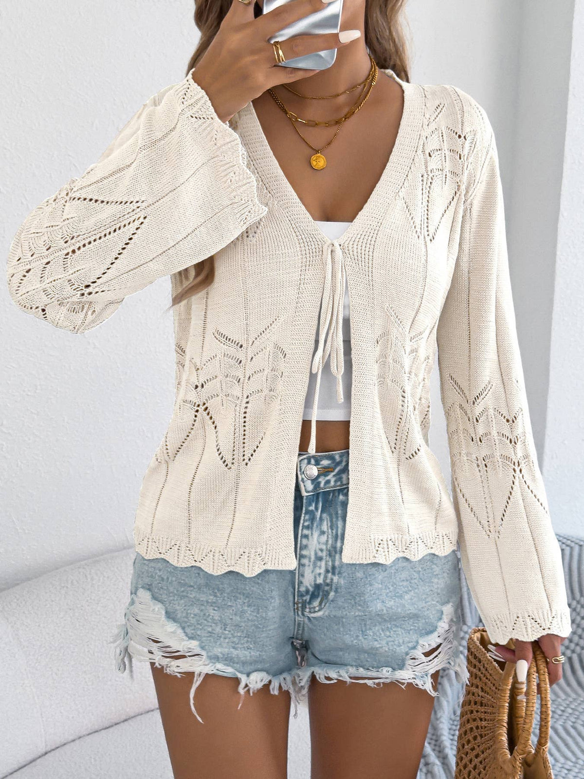 Tie Front Bell Sleeve Knit Cardigan